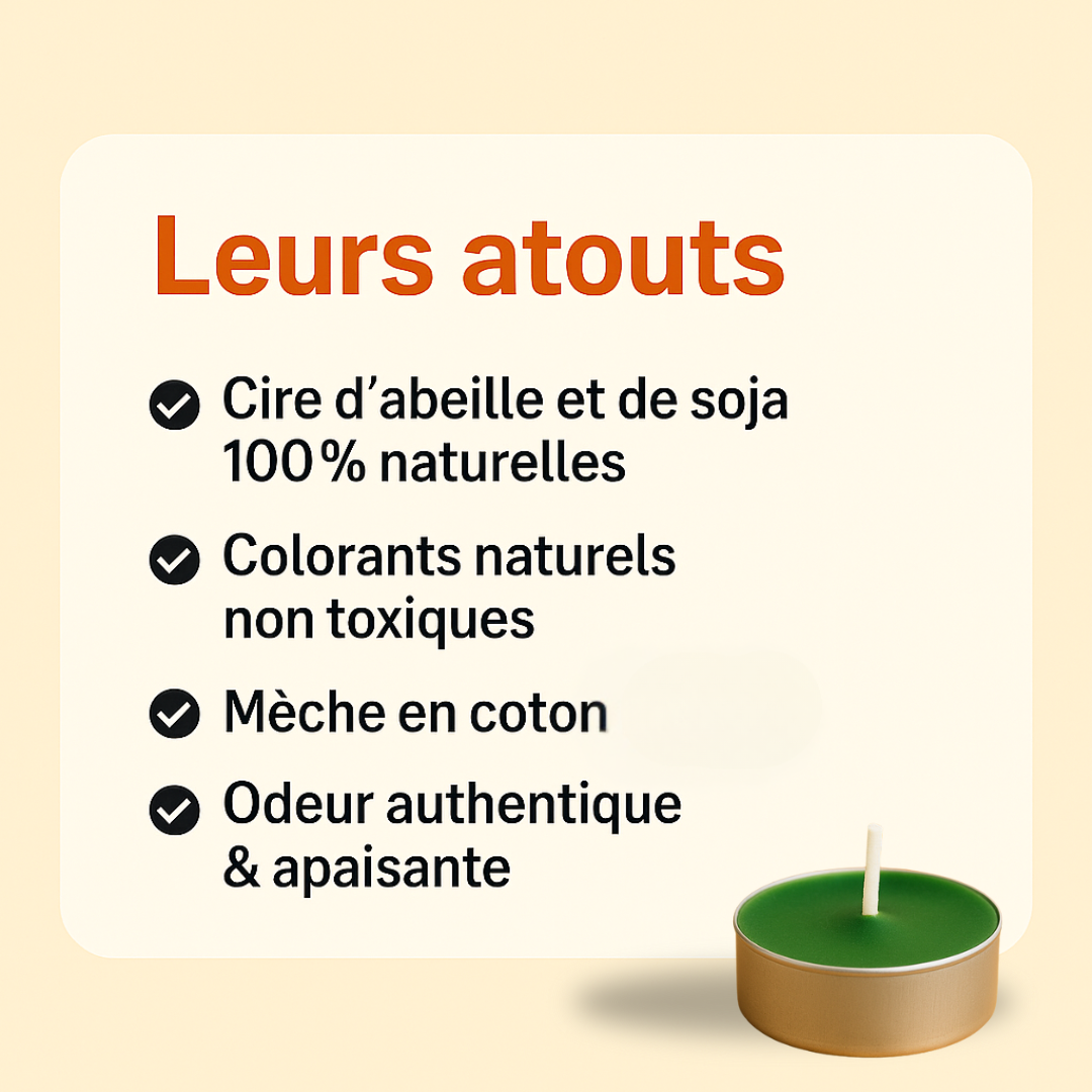 Visuel présentant les atouts des bougies chauffe-plat vertes : cire d’abeille et soja 100 % naturelles, colorants naturels non toxiques, mèche en coton, odeur authentique et apaisante. Bougie verte illustrée en bas à droite.