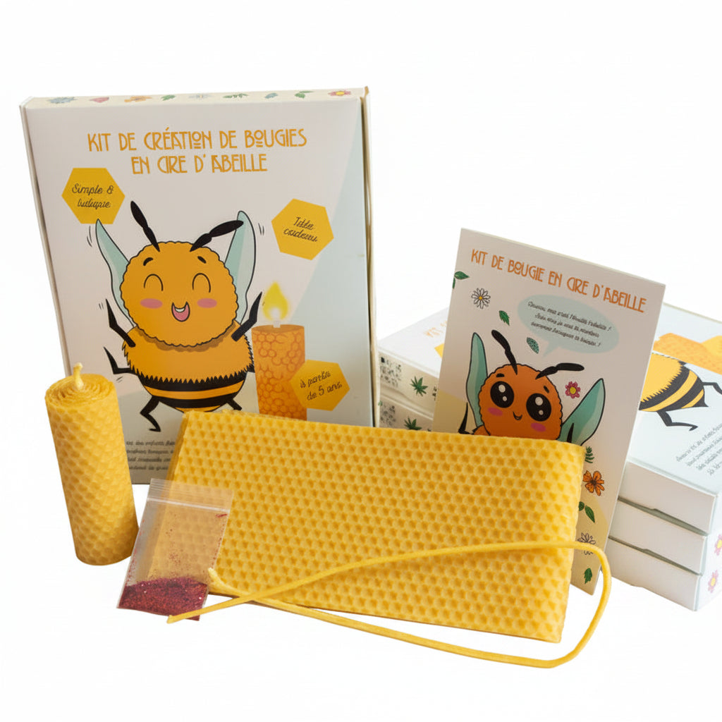 Kit de création de bougies en cire d’abeille pour enfants : plaques gaufrées, mèches, paillettes, livret illustré et bougie roulée – activité DIY ludique La Fabrique de l’Abeille

