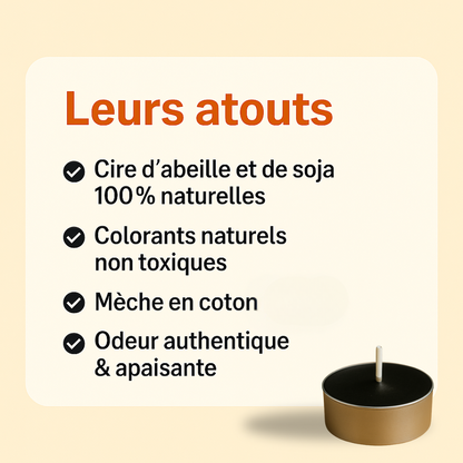 Visuel présentant les atouts des bougies chauffe-plat noires : cire d’abeille et soja 100 % naturelles, colorants non toxiques, mèche en coton, odeur authentique et apaisante. Bougie noire illustrée en bas à droite.