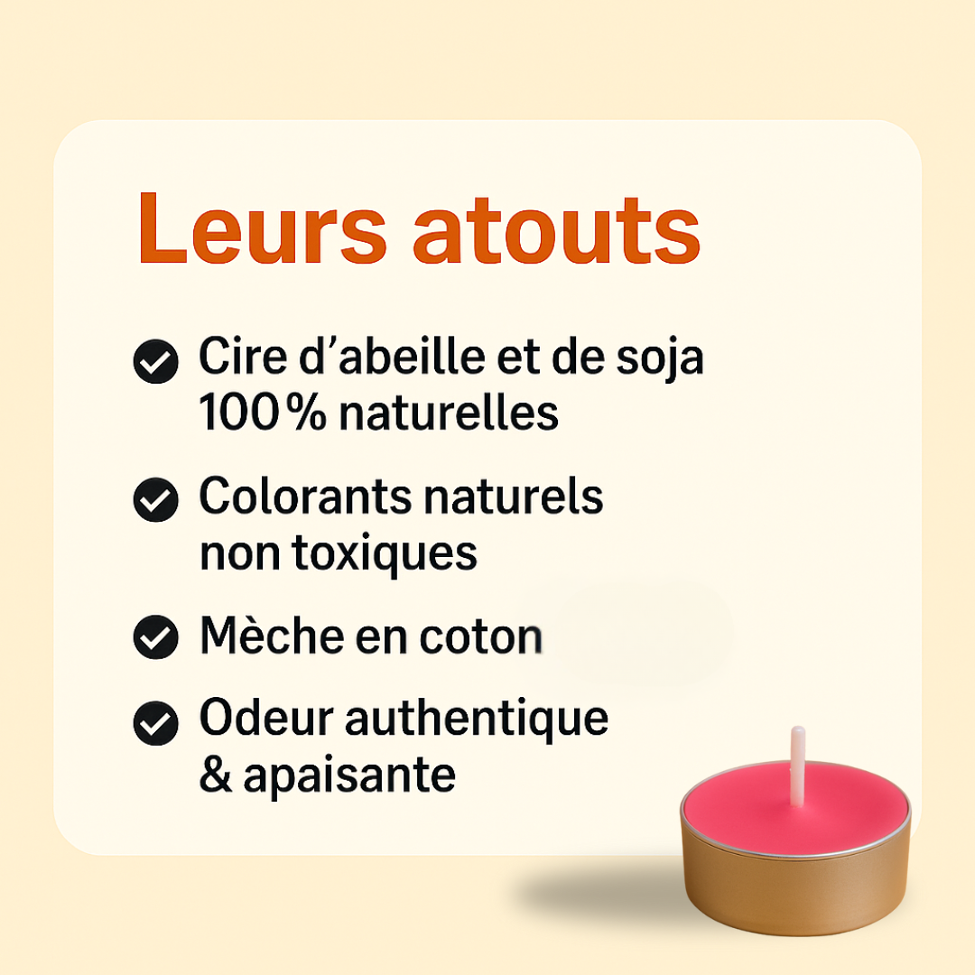  Visuel présentant les atouts des bougies chauffe-plat roses : cire d’abeille et soja 100 % naturelles, colorants non toxiques, mèche en coton, odeur authentique et apaisante. Bougie rose illustrée en bas à droite.