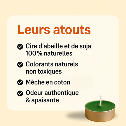 Visuel présentant les atouts des bougies chauffe-plat vertes : cire d’abeille et soja 100 % naturelles, colorants naturels non toxiques, mèche en coton, odeur authentique et apaisante. Bougie verte illustrée en bas à droite.
