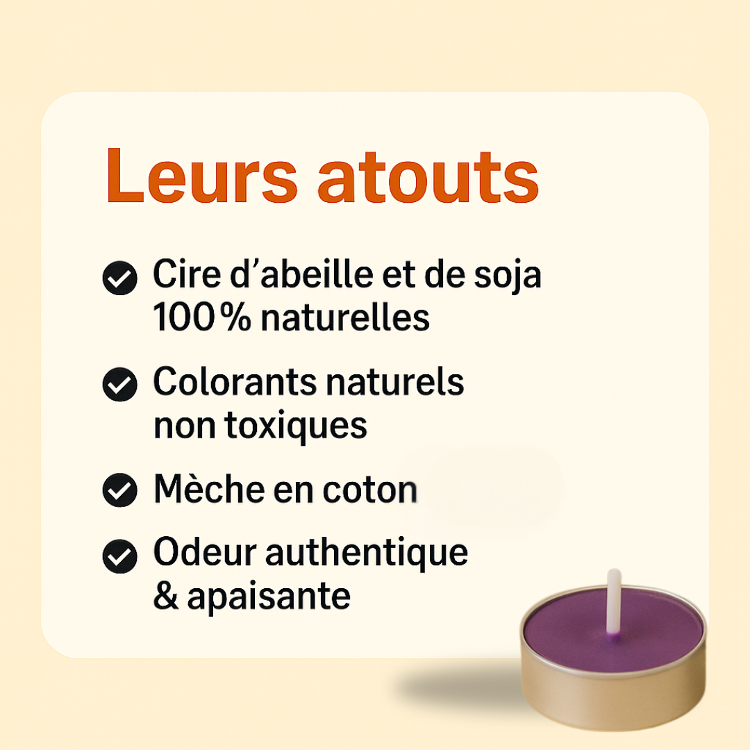 Visuel listant les atouts d’une bougie chauffe-plat violette en cire naturelle : cire d’abeille et de soja, colorants non toxiques, mèche en coton, odeur authentique et apaisante, avec une illustration de la bougie en bas à droite.