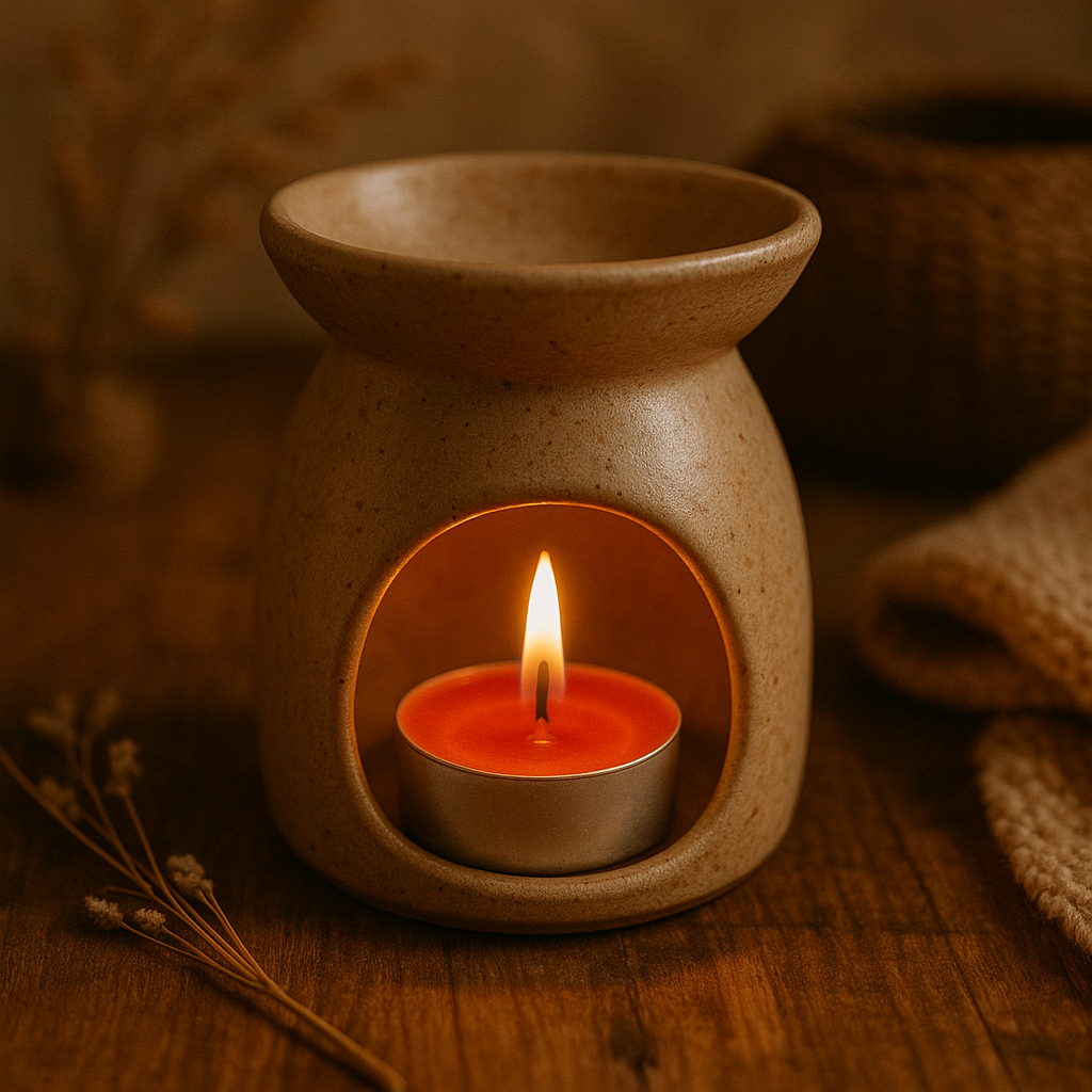 Chauffe-plat rose en cire d’abeille naturelle, allumé dans un brûle-parfum en céramique beige, posé sur une table en bois avec un fond chaleureux, panier en osier et fleurs séchées.