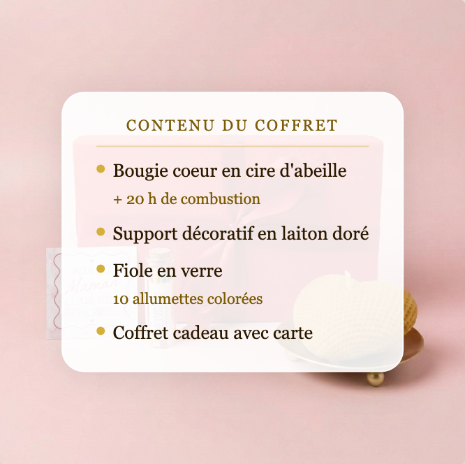 Coffret Cœur de Lumière fête des mères – bougie coeur artisanale et support bois