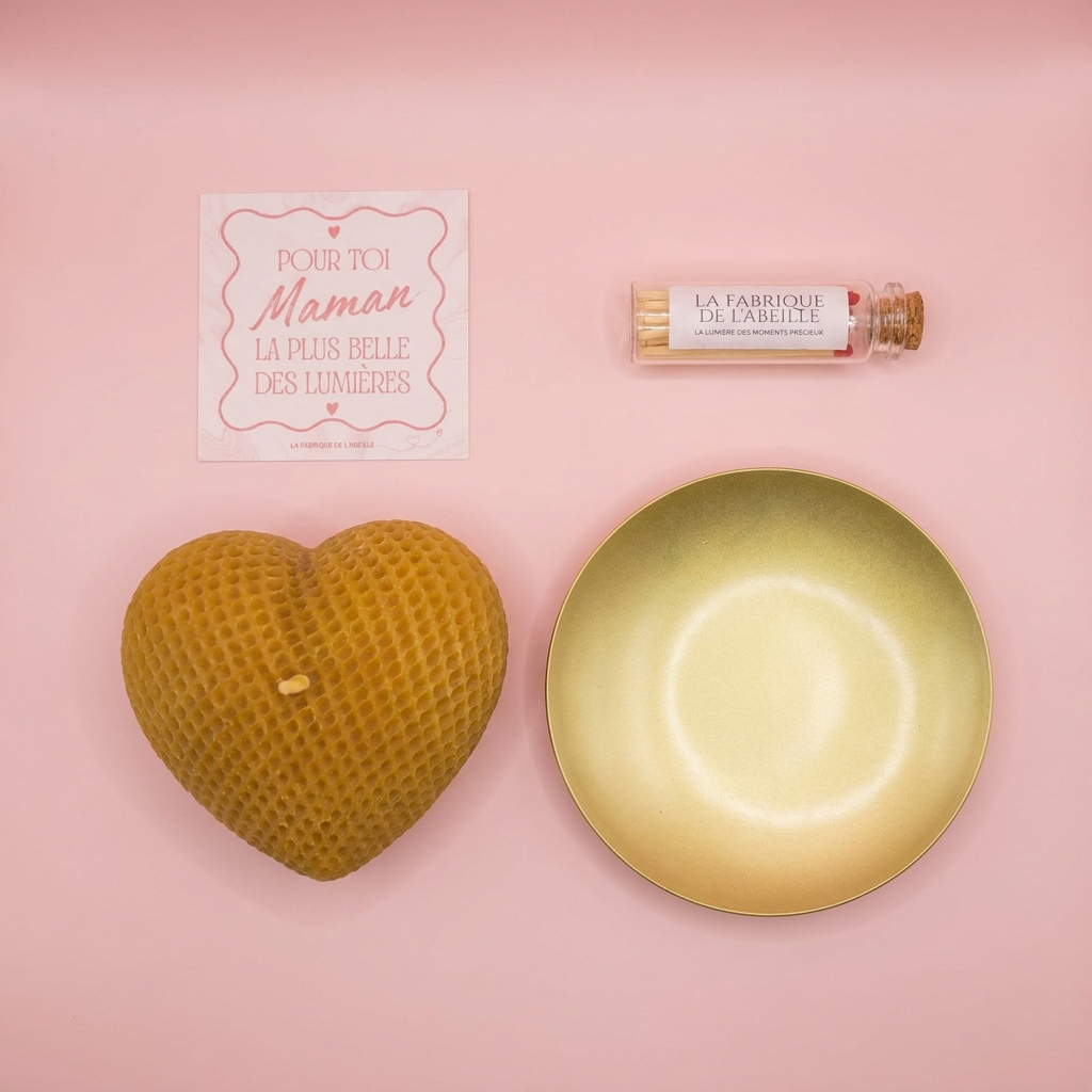 Contenu coffret cadeau maman bougie coeur – détail du coffret fête des mères