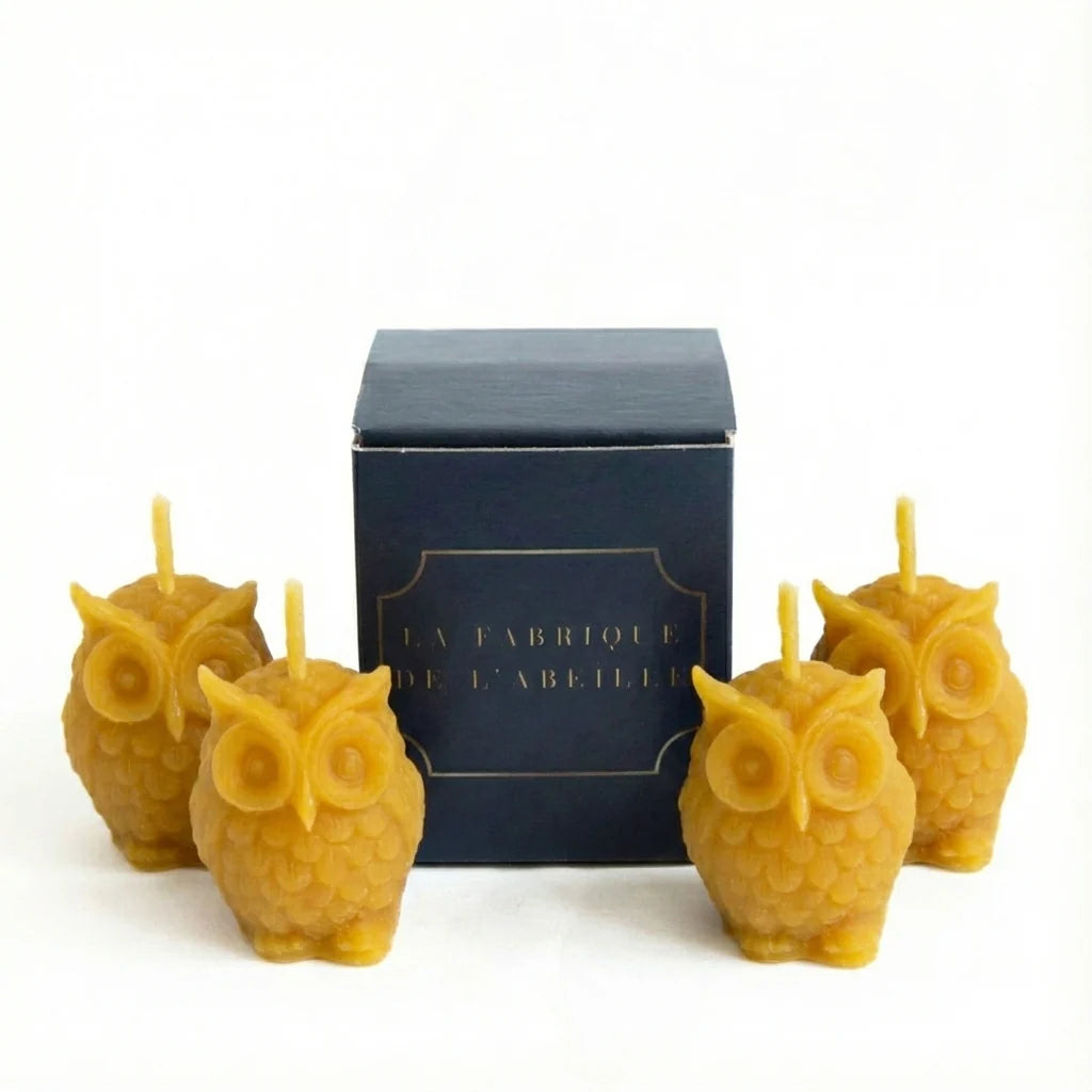 Lot de 4 bougies hiboux en cire d'abeille - La Fabrique de l'Abeille